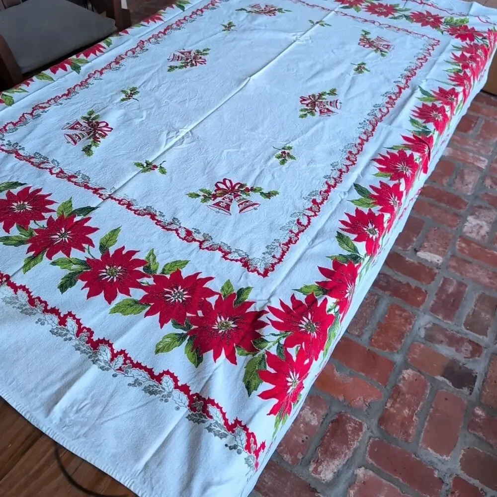 Vintage Mid Century Poinsettias Christmas Tablecloth, 52